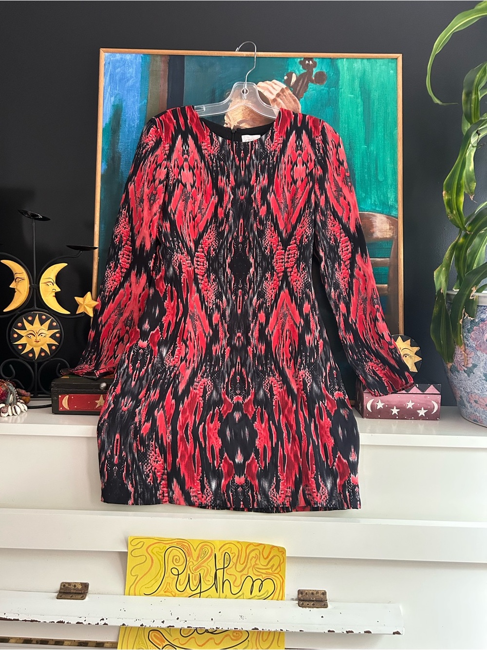 Parker Size S Red Black Abstract Print Long Sleeve Shift Mini Dress